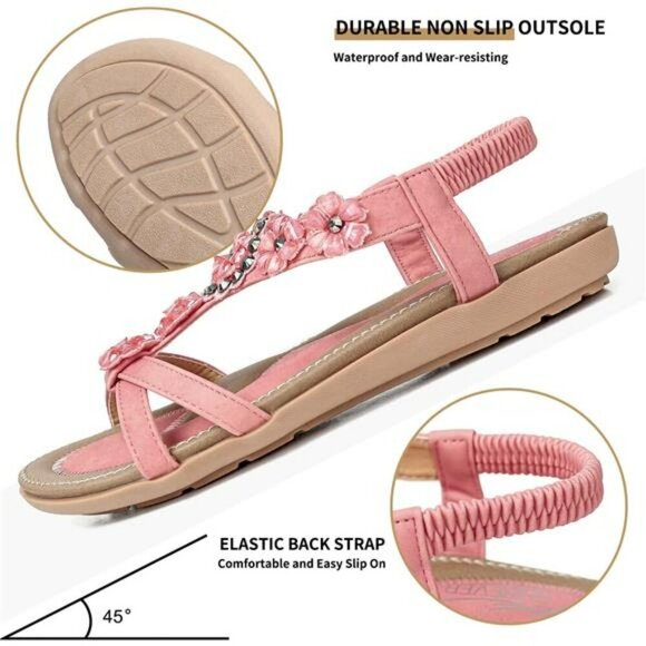 Womens Pink Flat Sandals Dressy Summer Boho Ankle Strap Comfort Walking Shoe - Picture 4 of 7